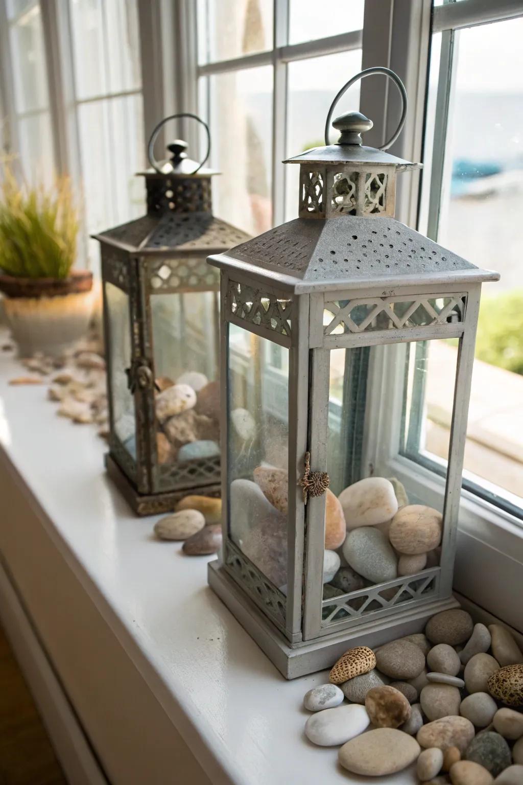 Lanterns filled with natural elements bring the outdoors in.