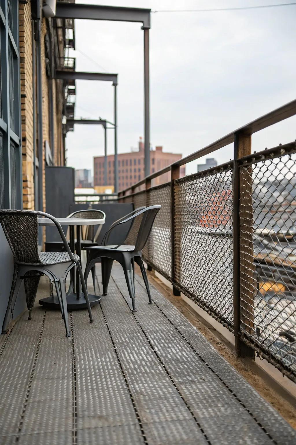 Metal mesh skirting provides an industrial edge to this modern deck.