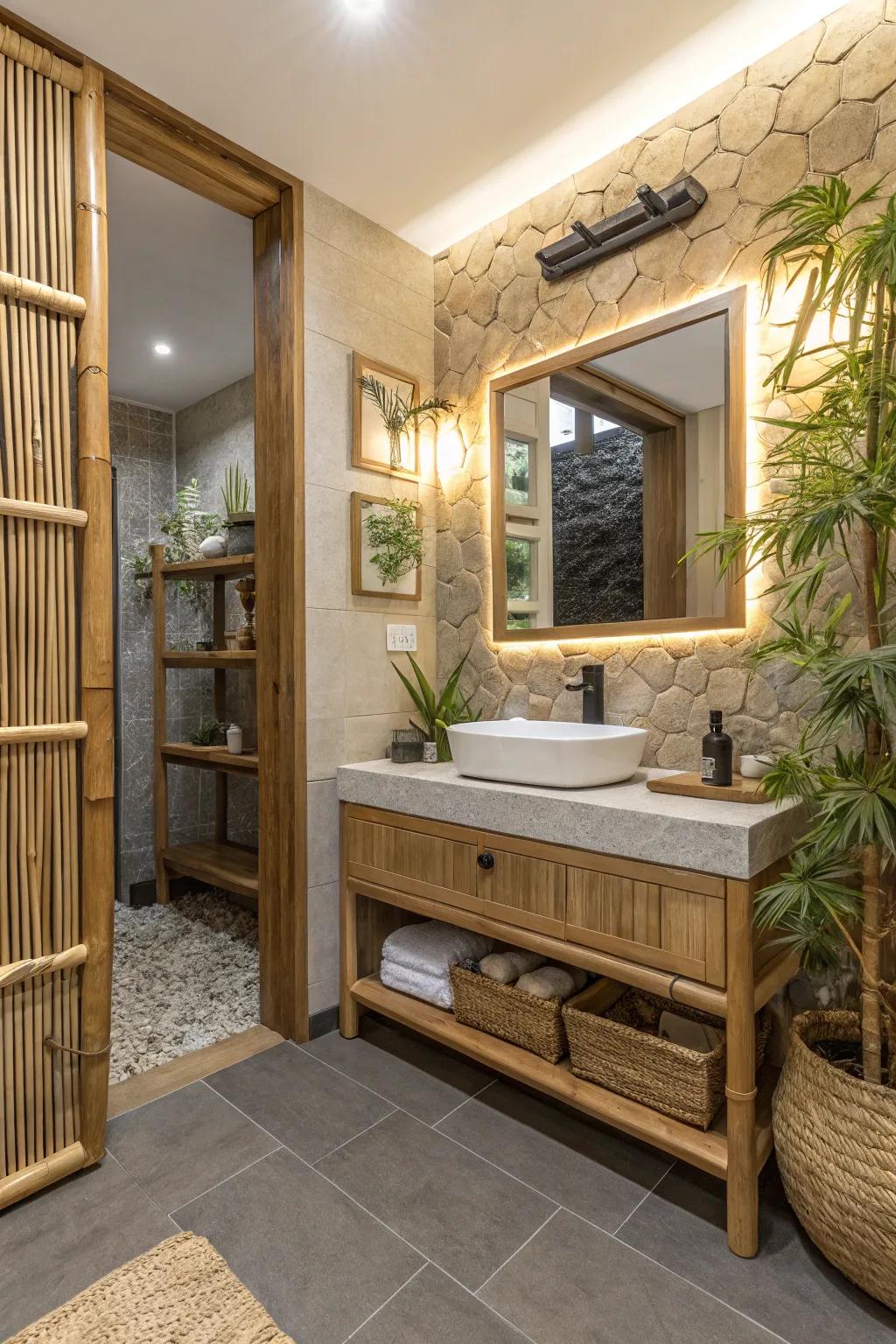 An eco-friendly bathroom featuring a bamboo-accented LED mirror.