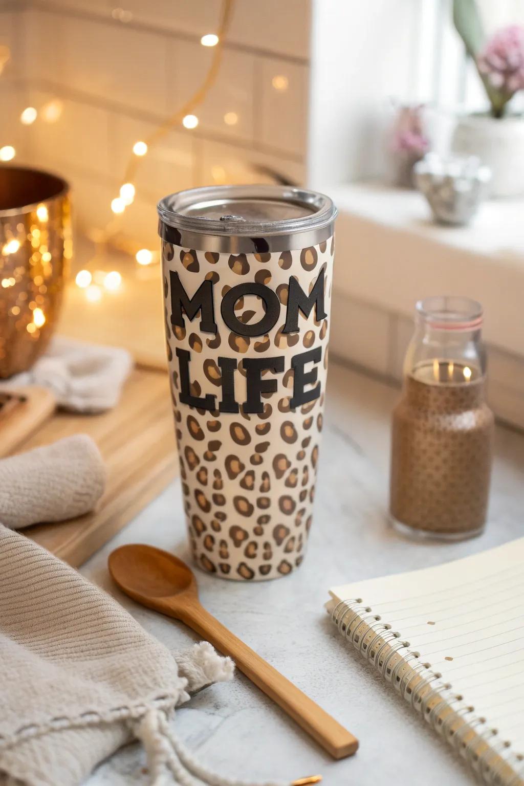 A 'Mom Life' themed leopard print tumbler that's perfect for busy moms.