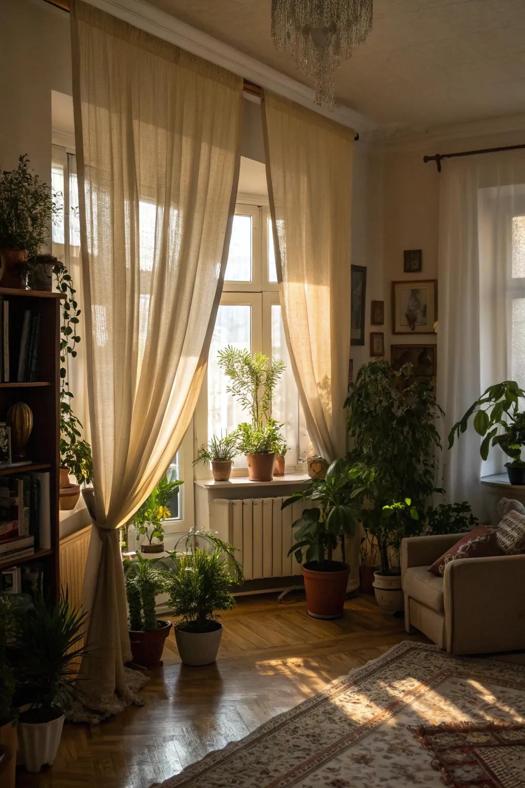 Combine curtains with greenery for a fresh and natural living room vibe.