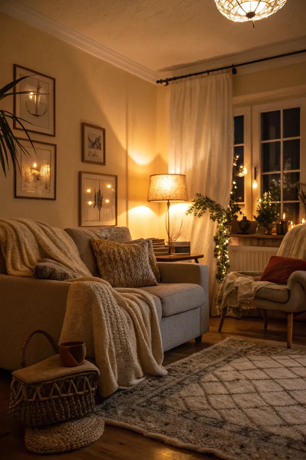 Warm-toned bulbs set a relaxing mood in this living room.