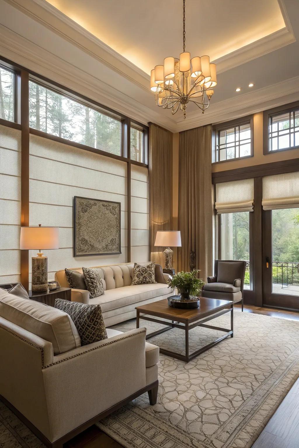 Tinted glass providing privacy and style in an urban living room.