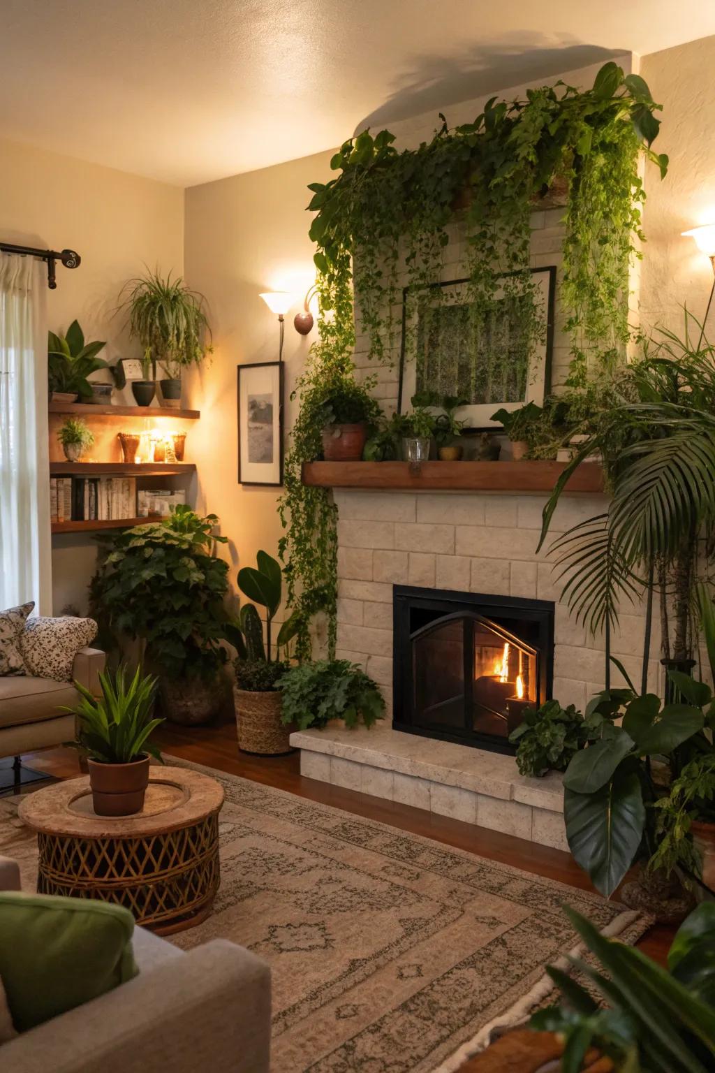 A living room with lush plants arranged around the fireplace for added freshness.