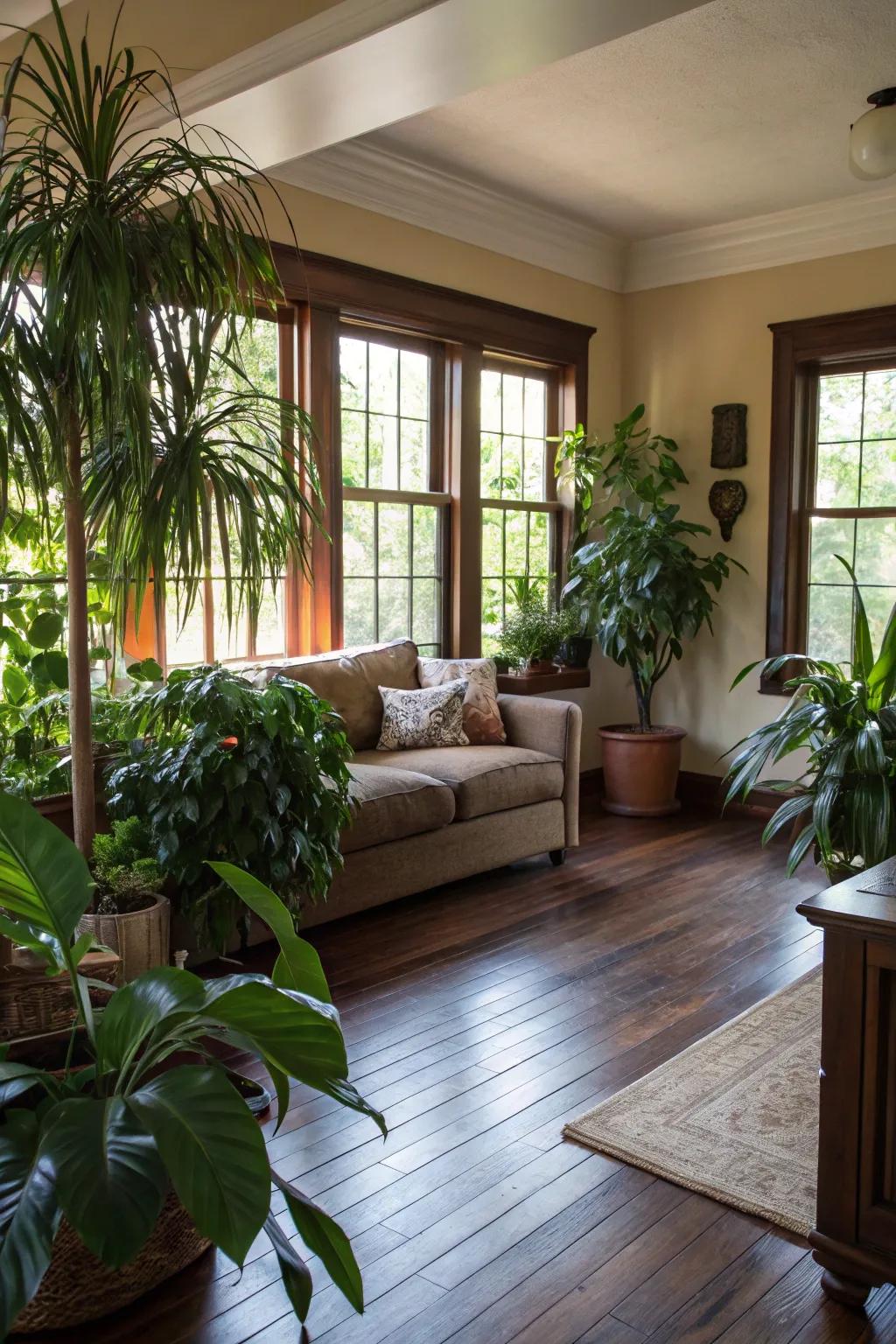 Indoor plants bring a natural contrast to dark wood floors.