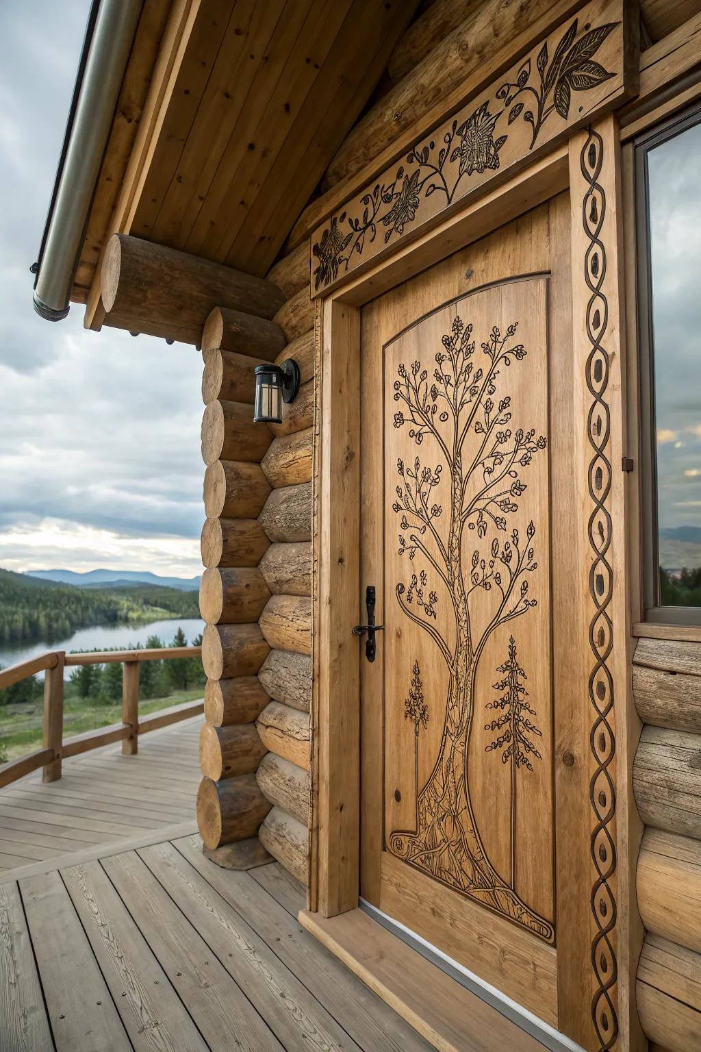 A log cabin door with nature-inspired engravings.