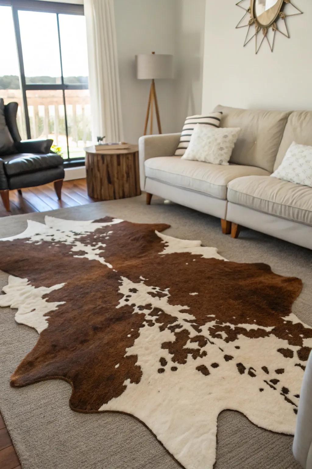 Cowhide rugs are a timeless Western decor choice.