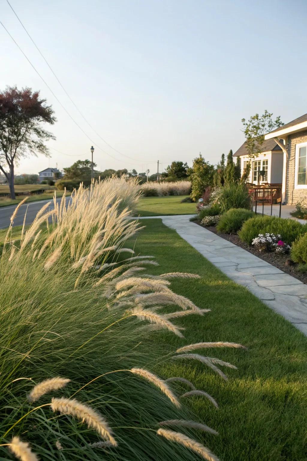 Ornamental grasses providing texture and motion in a landscape.