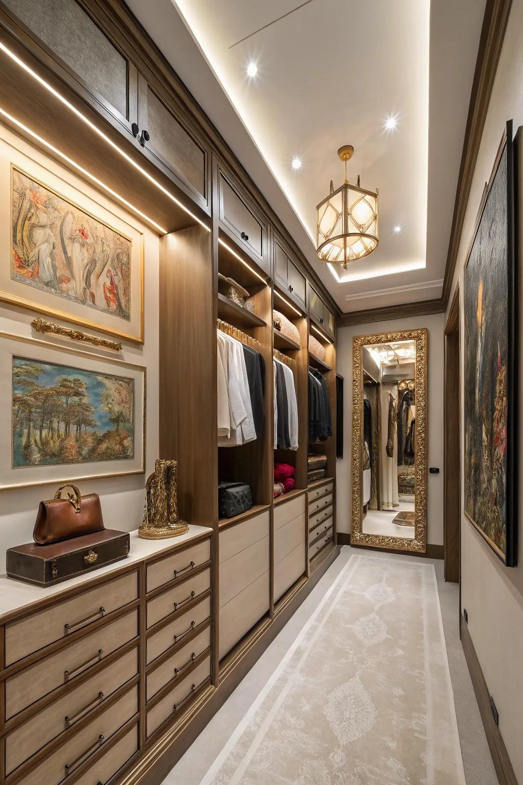 Sophisticated artwork adding personal flair to the closet.