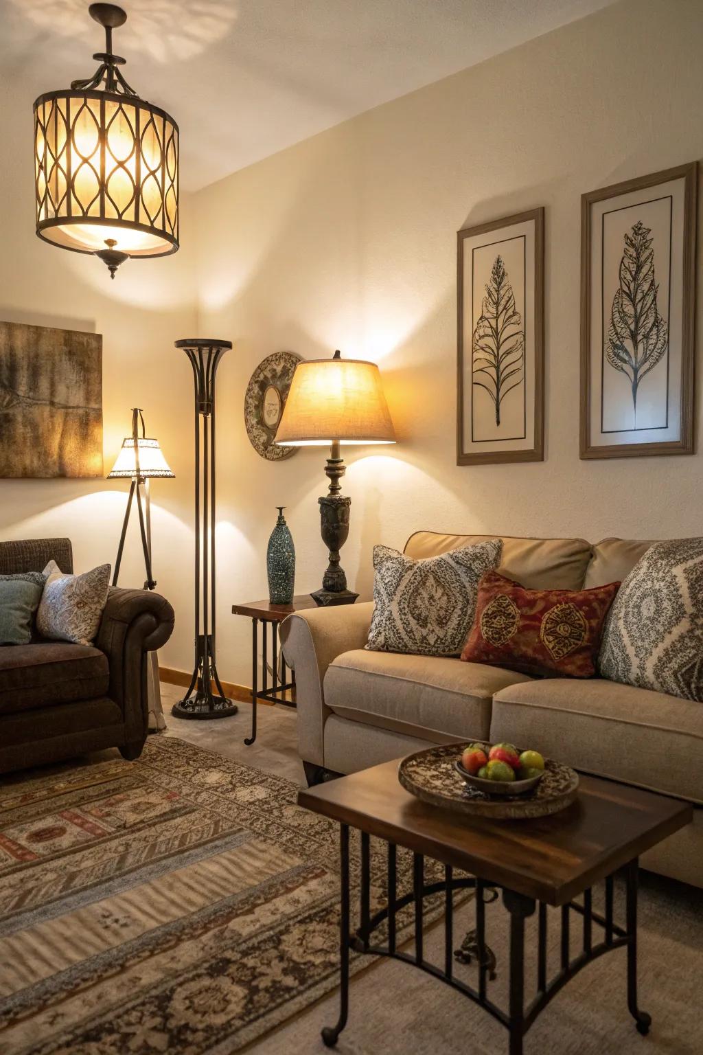 Layered lighting adds depth and ambiance to this elegant living room.