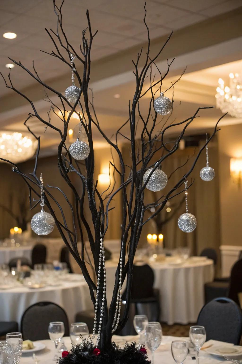 Sophisticated black tie centerpiece with black and silver.