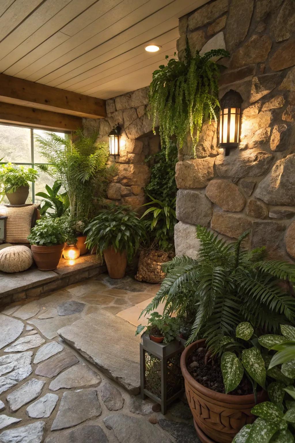 Natural elements like plants add life to the den.