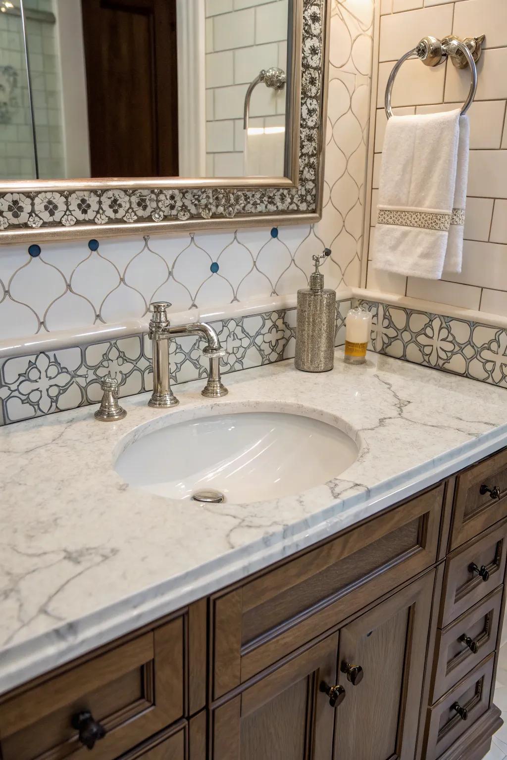 A bathroom vanity featuring a marble countertop and tile backsplash.