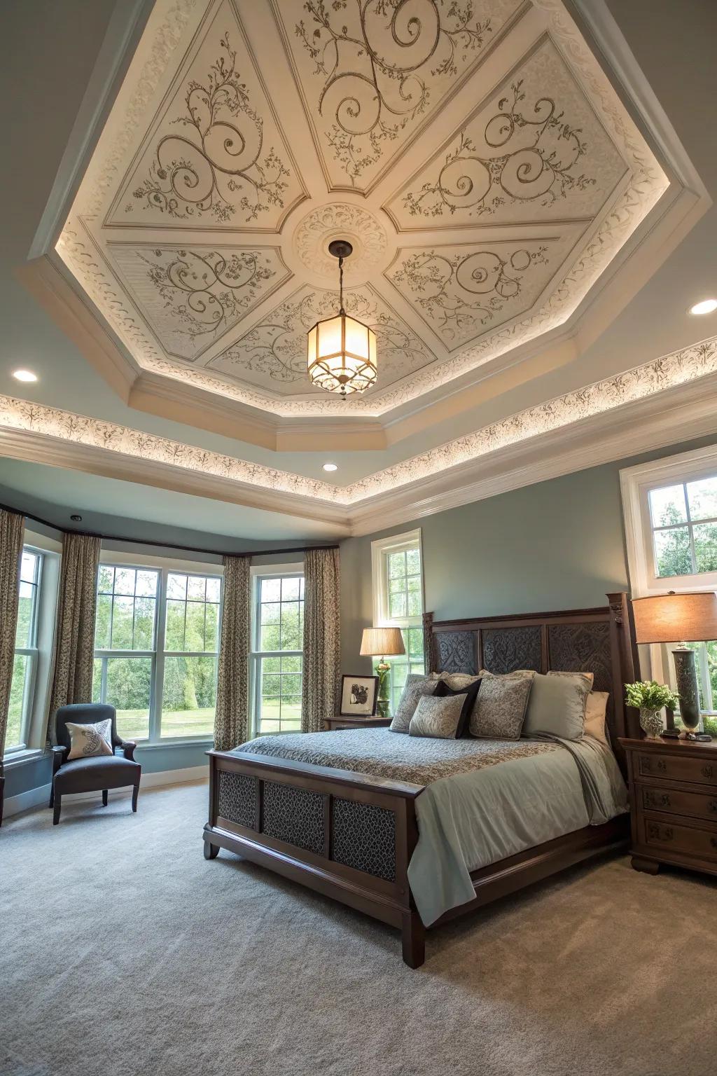 An inverted tray ceiling adds a bold, dramatic flair to your bedroom.