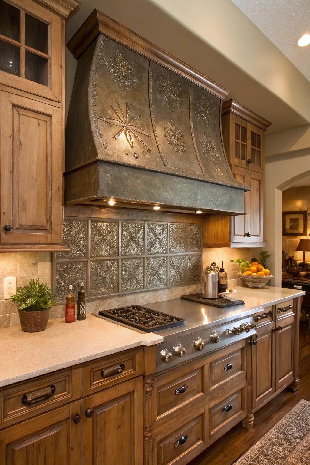 A kitchen featuring an aged metal backsplash for vintage vibes.