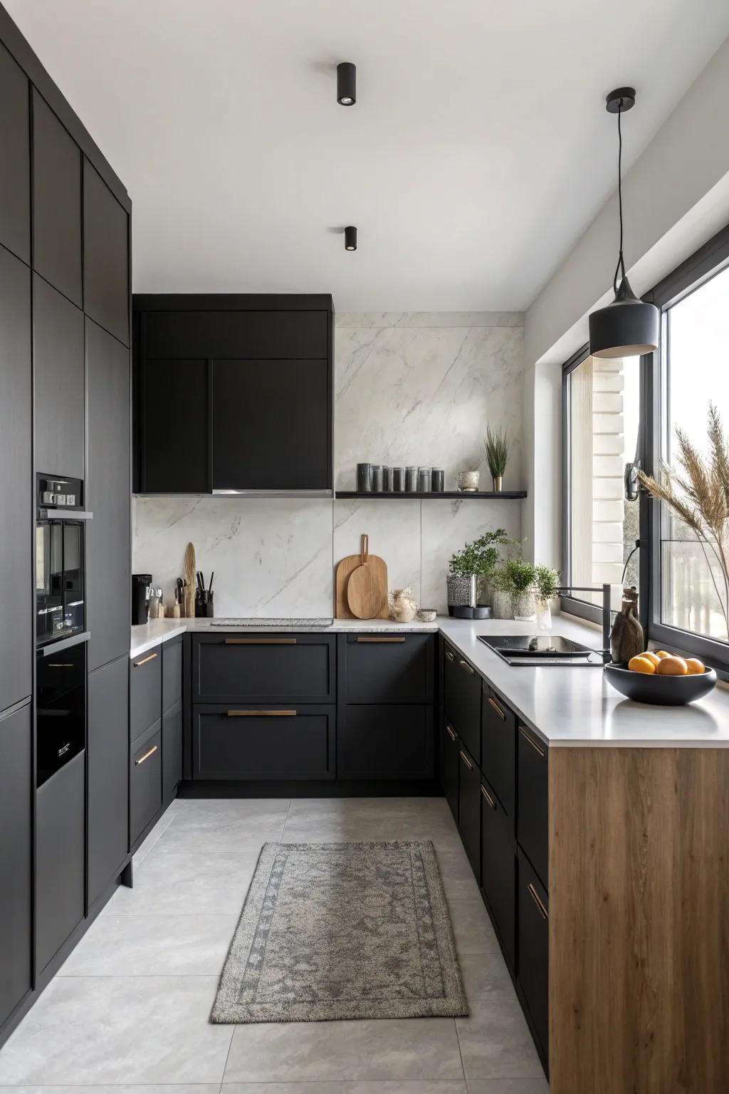 Strategic dark accents adding depth to a minimalist kitchen.