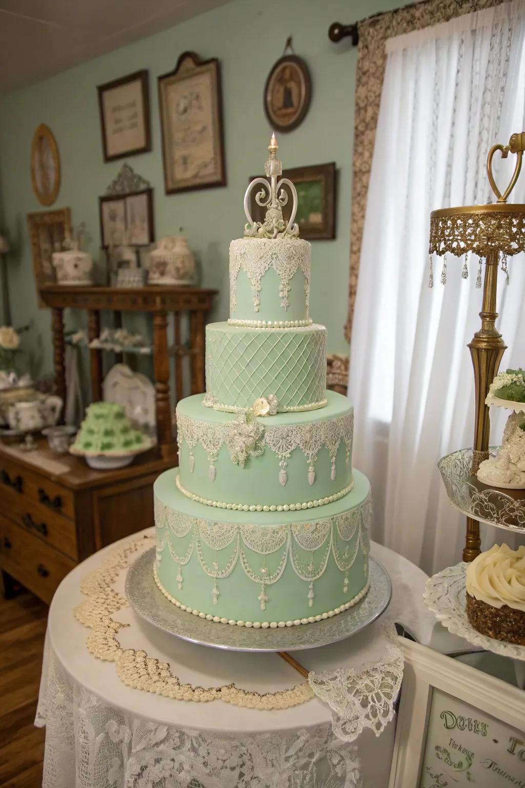 A mint green cake with vintage charm and elegance.