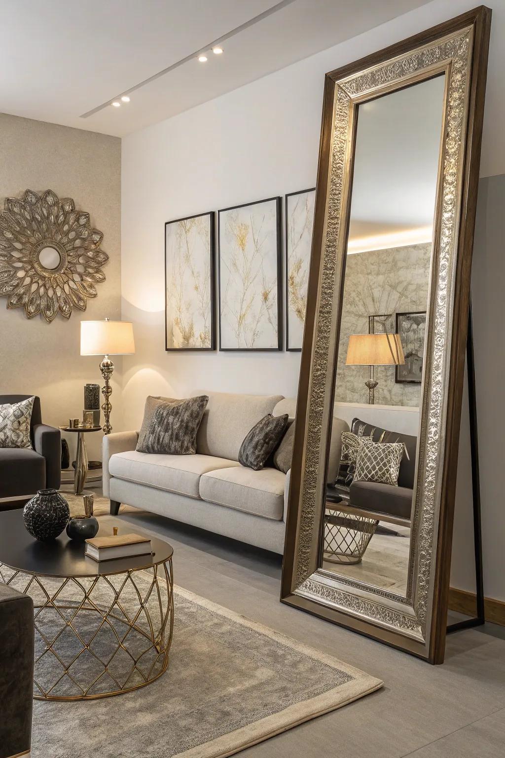 Full-length mirrors add depth and open up the space.