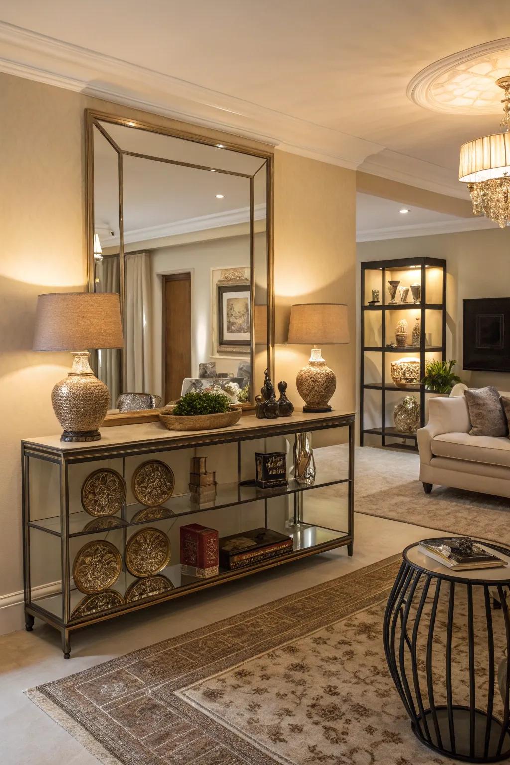 A mirrored shelf that serves as a stunning focal point in the living room.