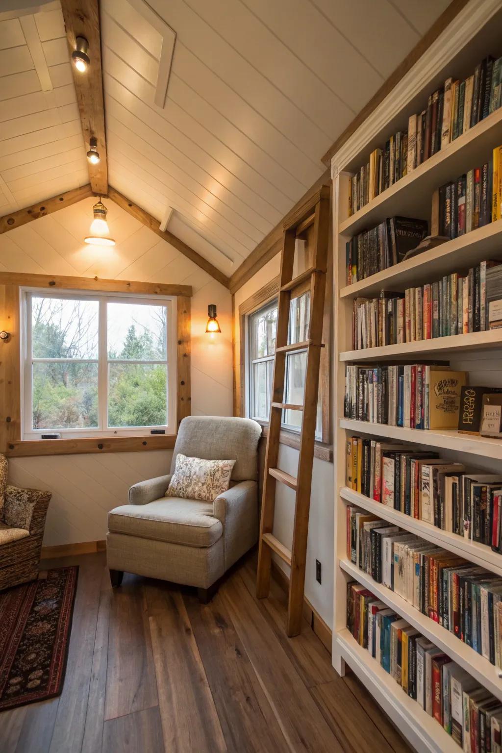 A cozy loft space with bookshelves and a reading chair, maximizing vertical space in the mobile home.