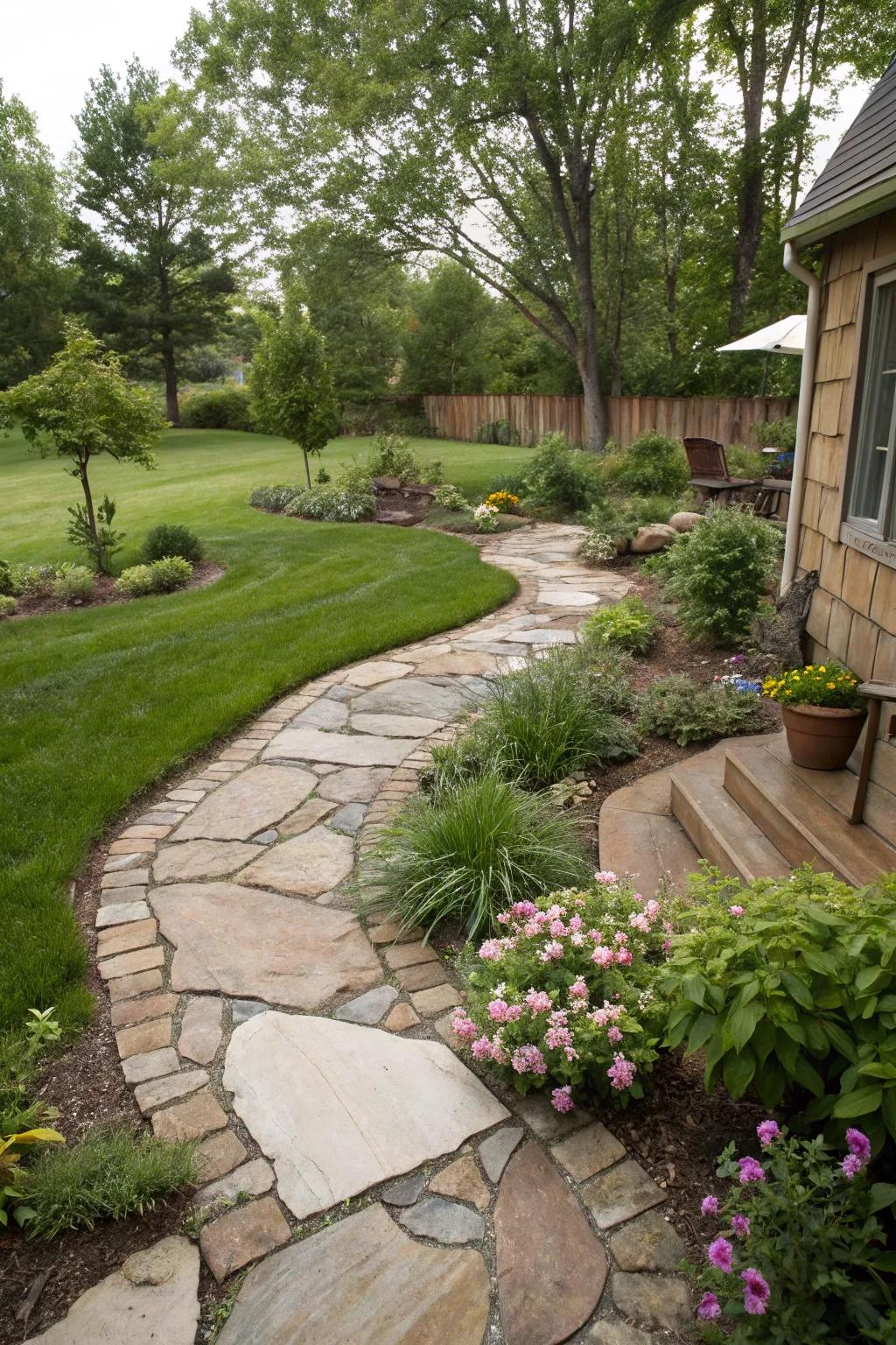 A rustic backyard design with natural stone elements.