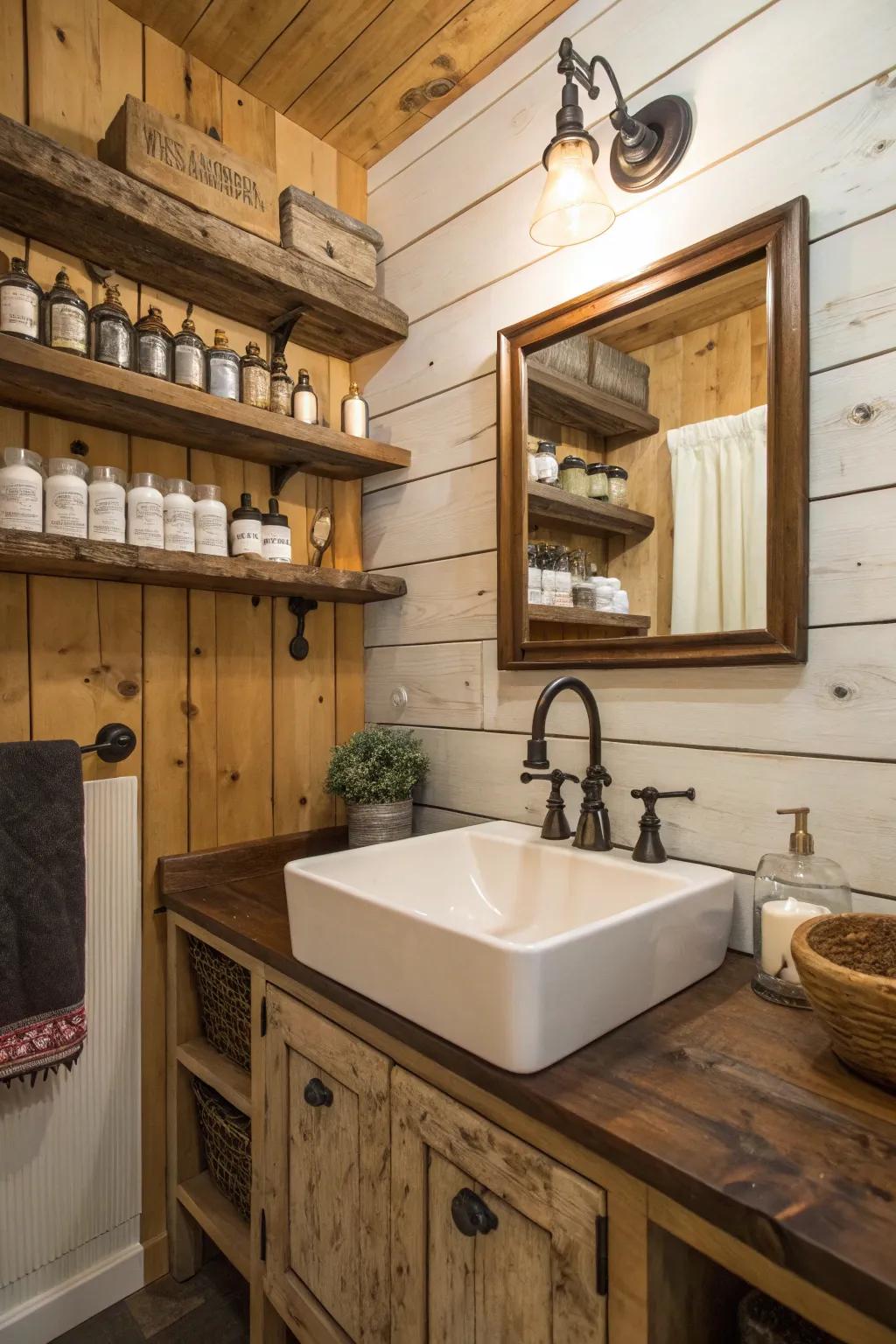 A farmhouse sink adds functionality and style to this bathroom.