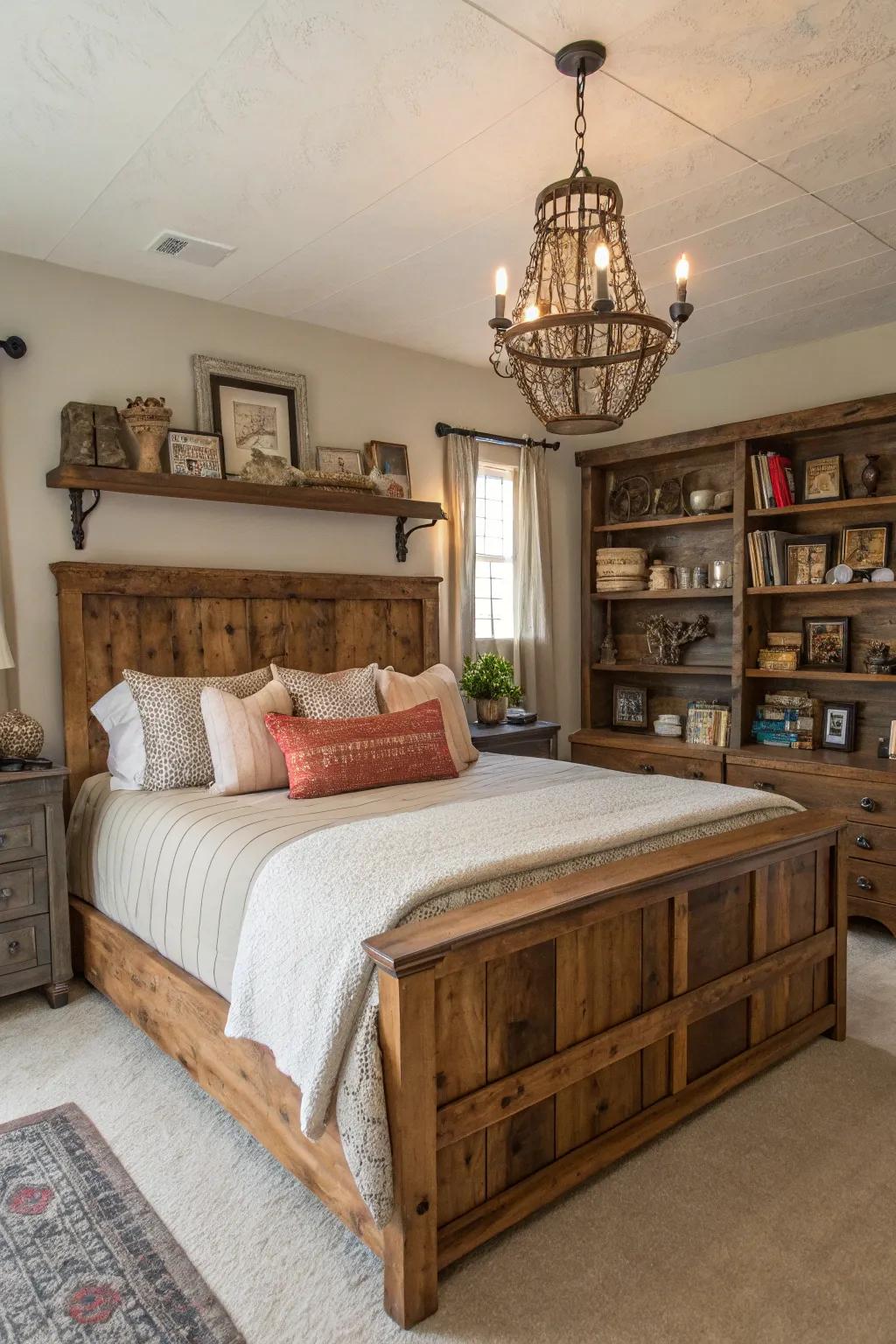 Reclaimed objects add history and rustic charm to the farmhouse bedroom.