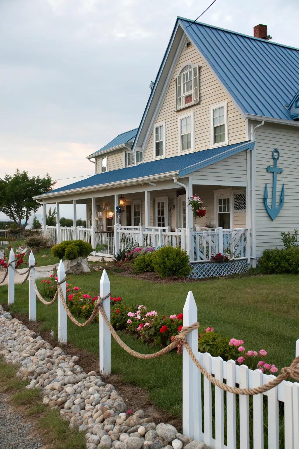 Coastal charm: A farmhouse with a serene blue metal roof.