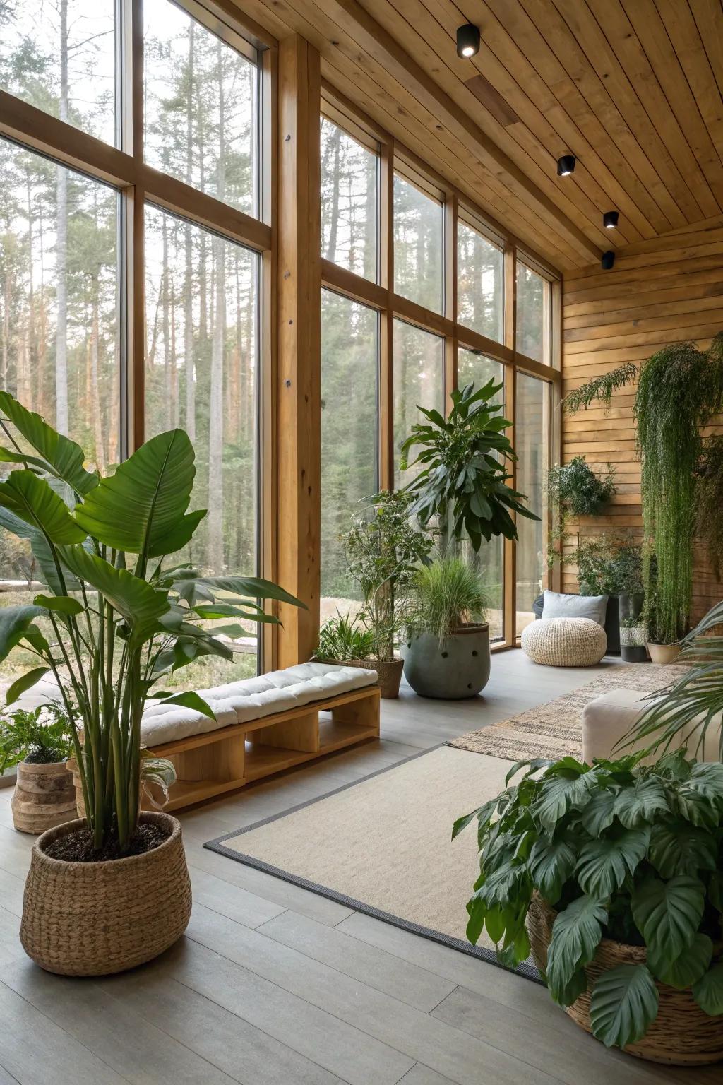 Natural elements that add warmth to a modern flex room.