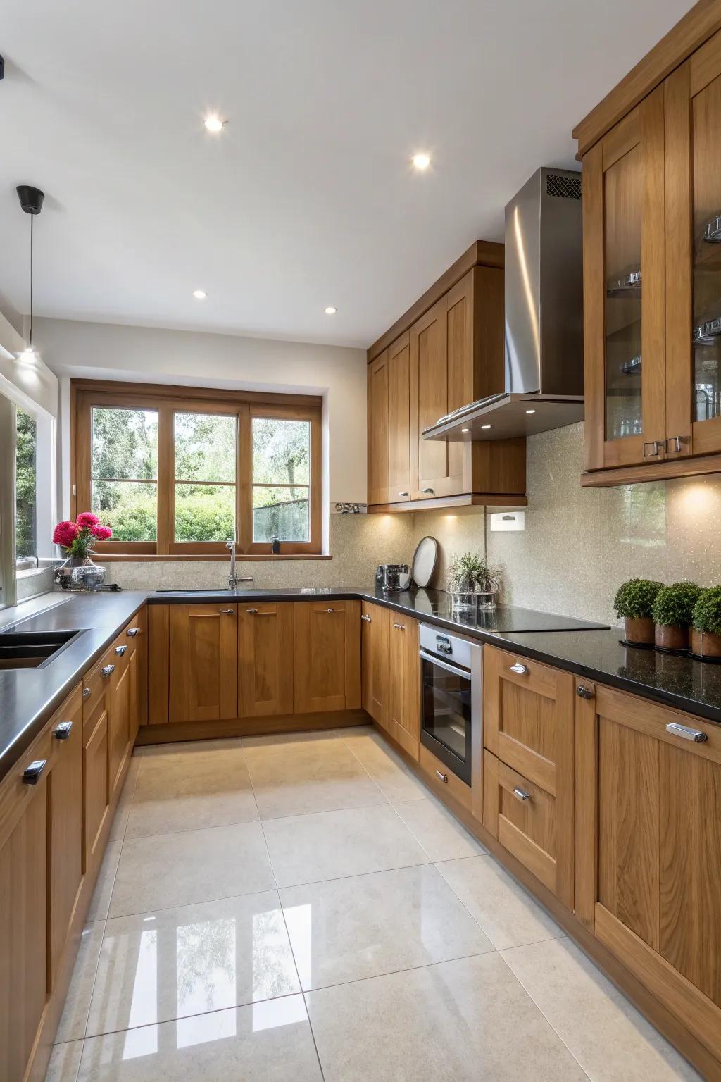 An L-shaped layout offers efficient use of space in modern kitchens with oak cabinets.