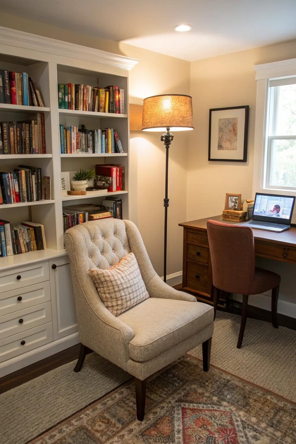 A cozy reading nook perfect for relaxation and focus.