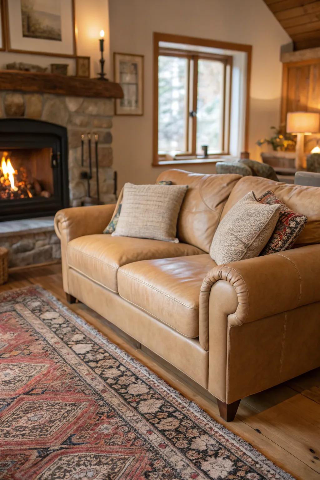 A fireplace adds warmth to a living room setting with a tan leather sofa.