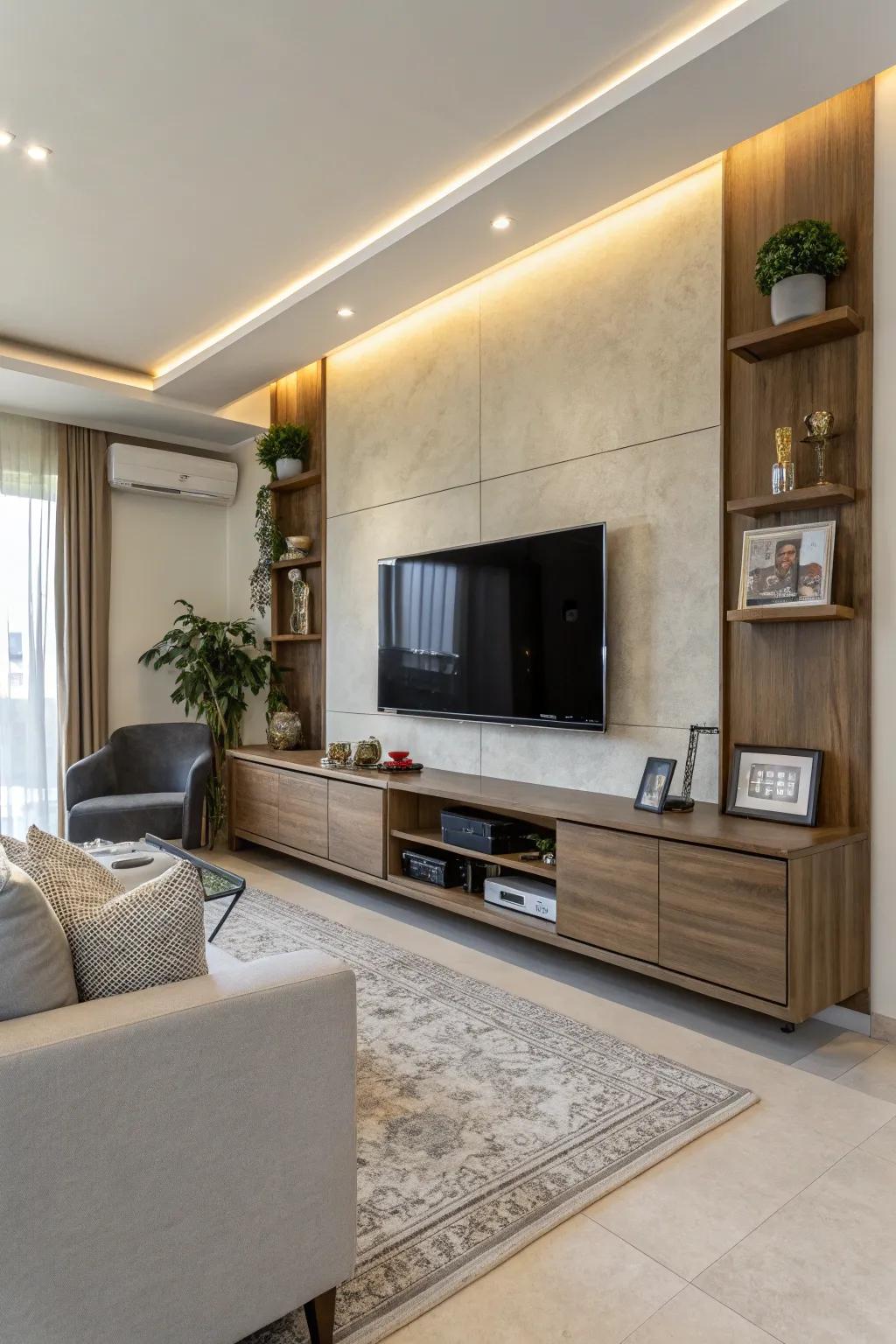 Contemporary furniture completes the modern TV wall look.