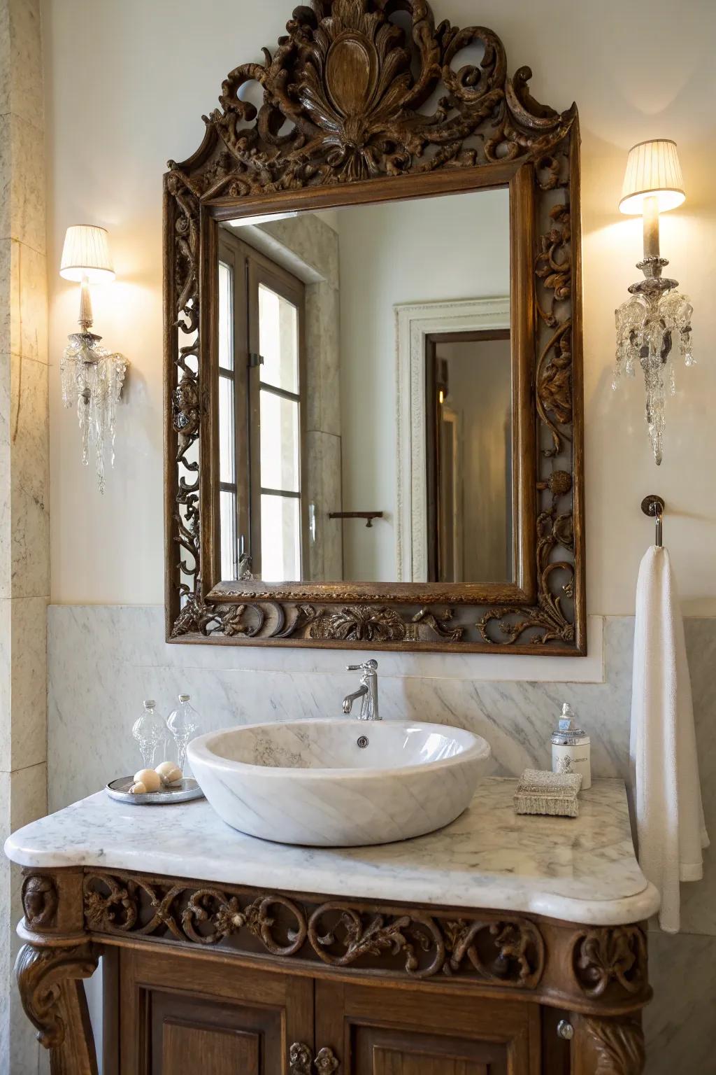 A vintage mirror adds depth and elegance.