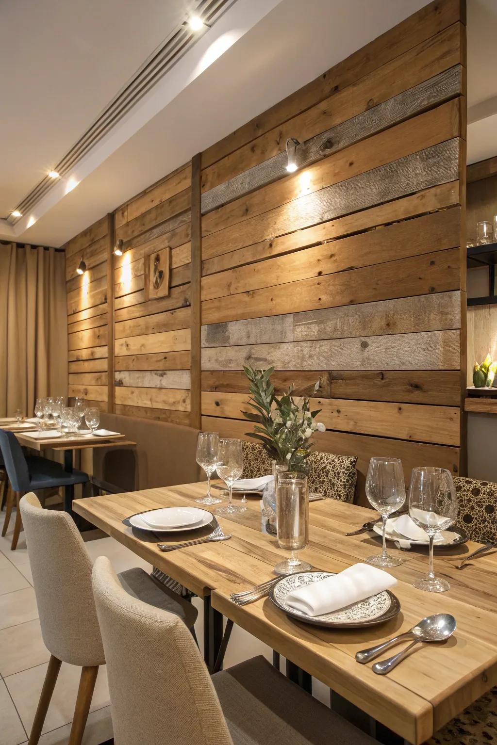 Add depth and warmth with a wood slat wall featuring a variety of wood tones.