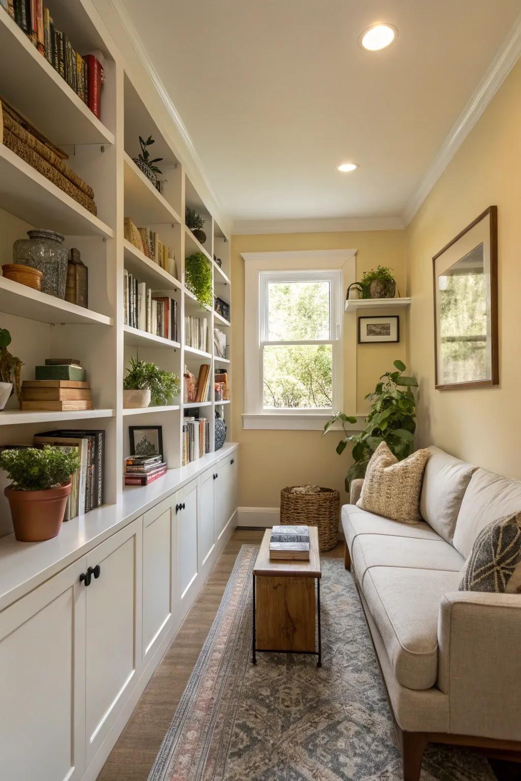 Custom built-in shelves maximizing storage in a narrow living room.