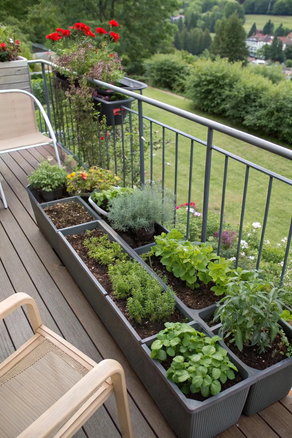 Effortless gardening with self-watering planters on a sunny deck.