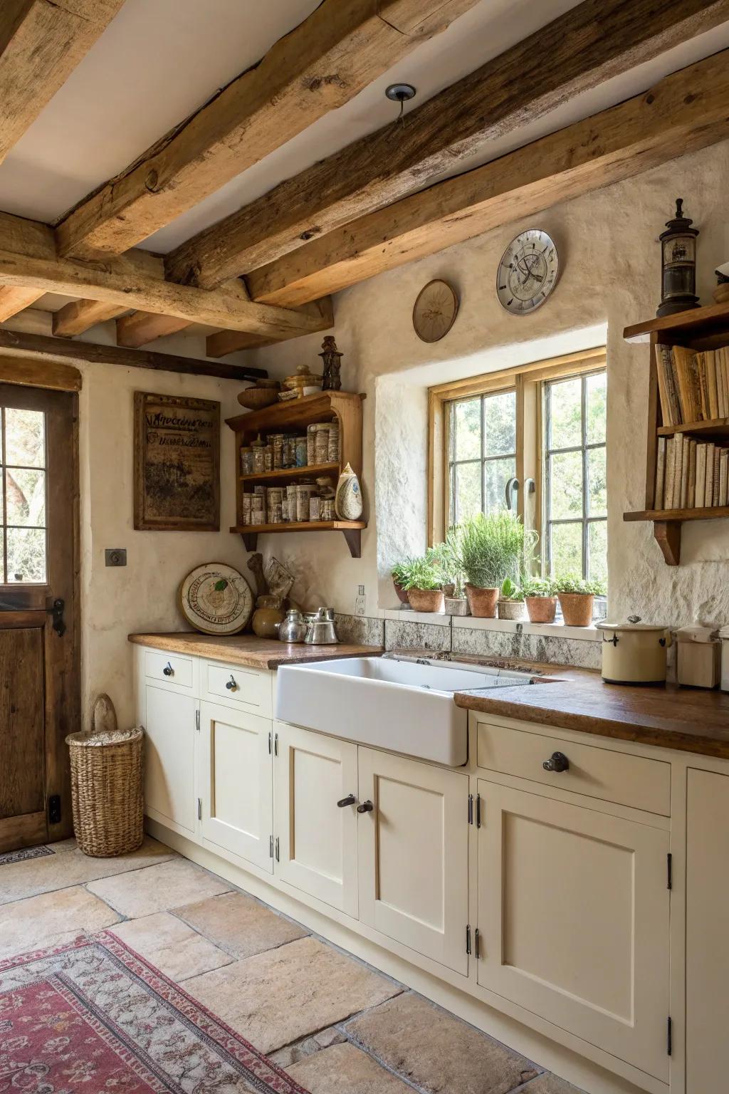 Rustic elements complement off-white cabinets beautifully.