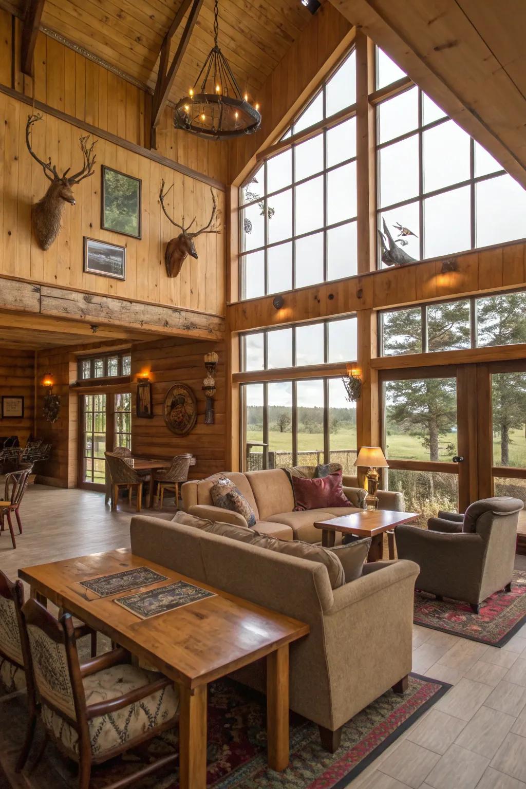 Open-plan hunting lodge interior featuring communal seating arrangements.