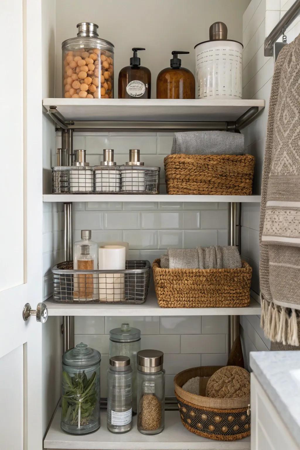 A mix of textures adds depth to open bathroom shelving.