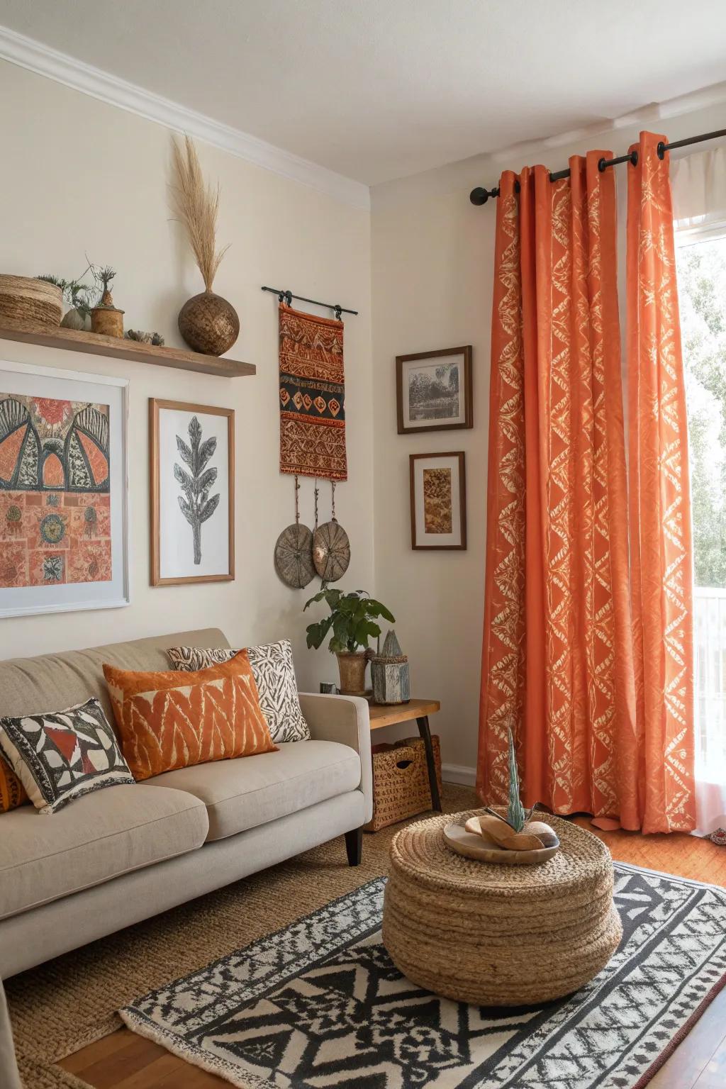 Eclectic living room with mixed-patterned orange curtains.