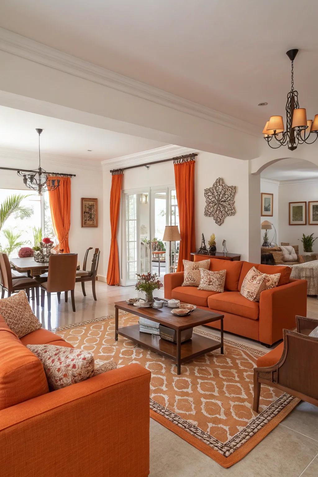 An open-concept living and dining room with cohesive orange decor.