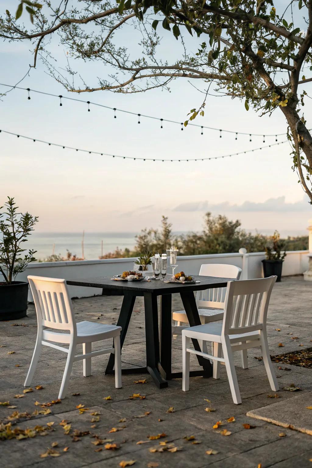 A delightful dining area that perfectly balances black and white elements.