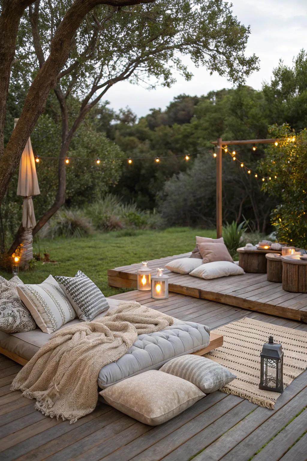 Cozy seating with pillows and blankets invites guests to relax.