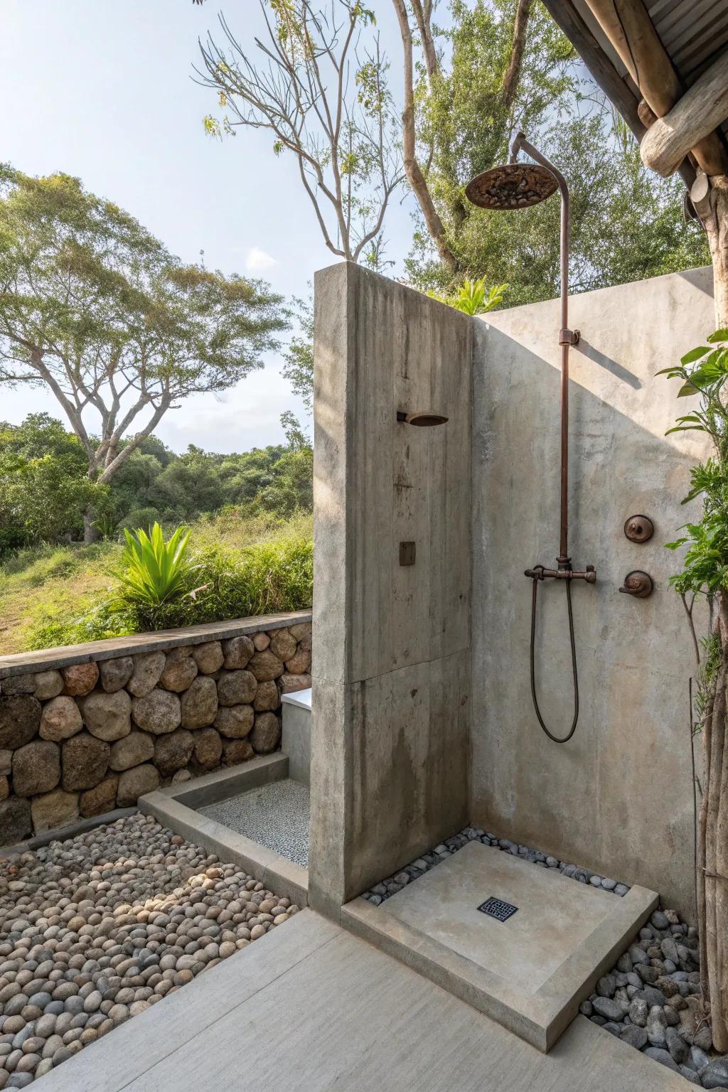 A modern outdoor shower featuring concrete design elements.