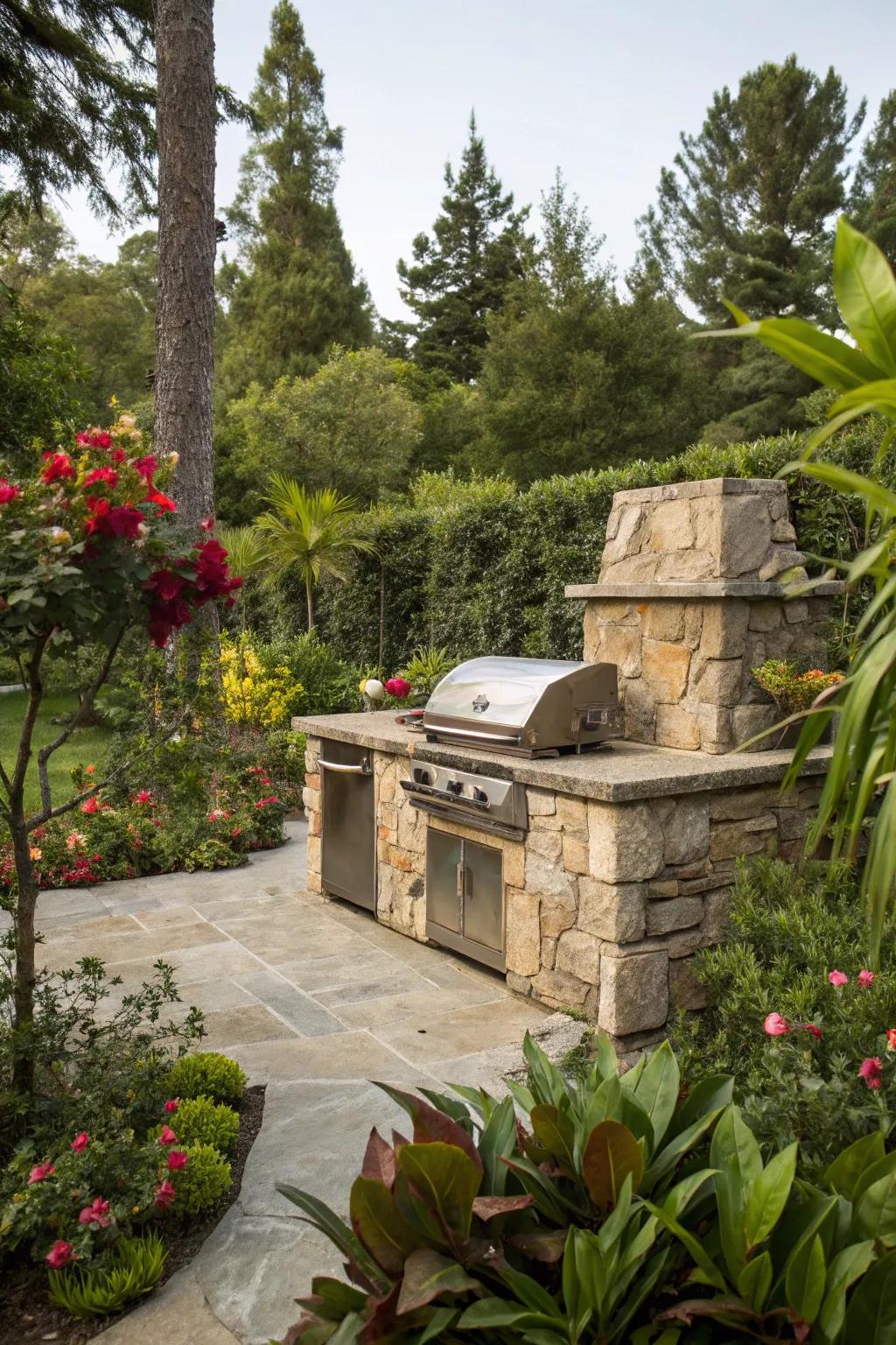 Enhance your BBQ area with greenery for a refreshing outdoor ambiance.