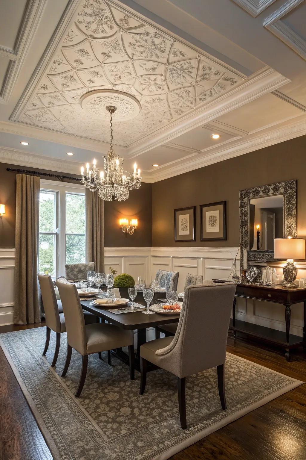 Traditional and modern elements create a harmonious ceiling design.