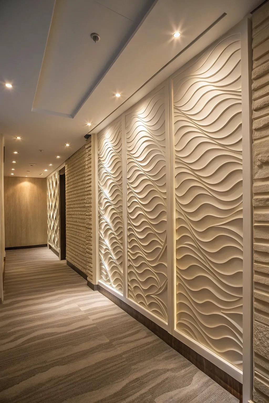 Room with calming wave textured panel designs.