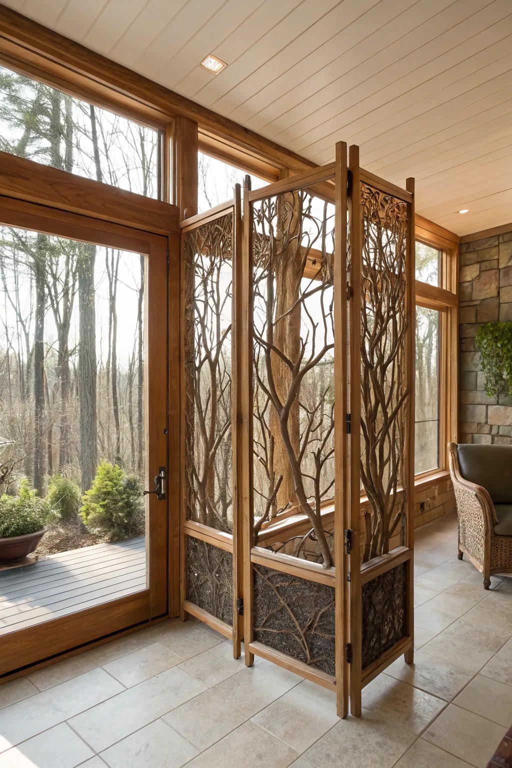 Tree branch dividers bring nature indoors.