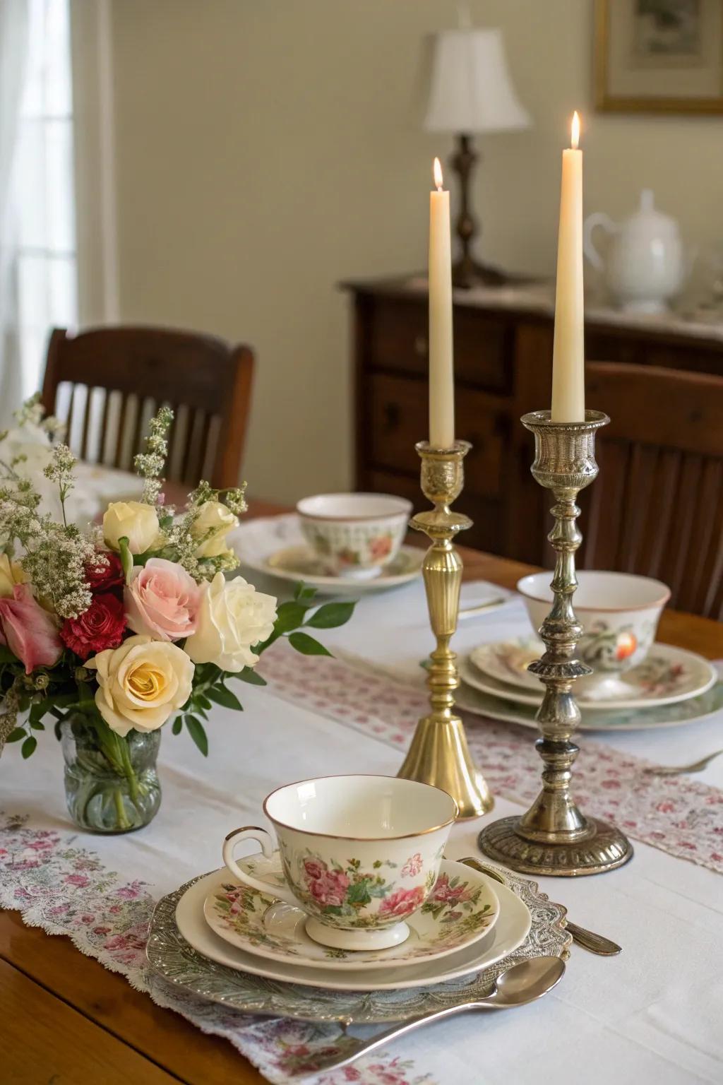 A vintage centerpiece with elegant antique elements.